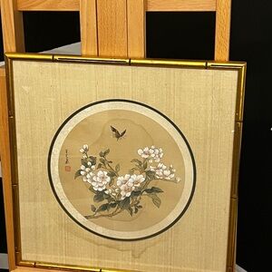 Chinese Floral Art with Butterfly on Silk in Gold Frame